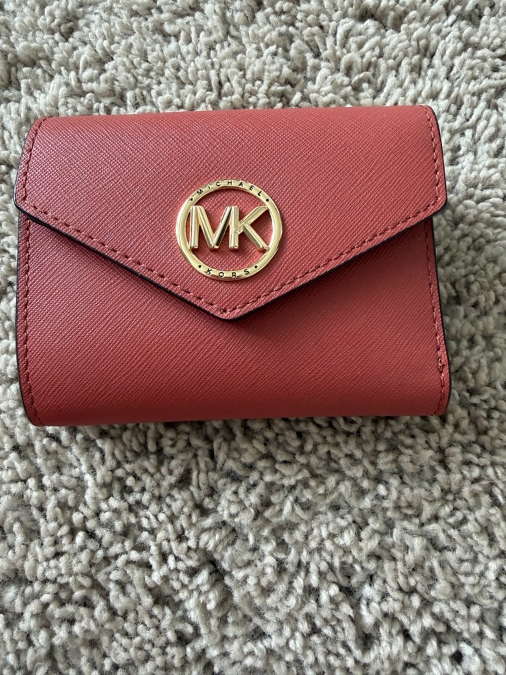 Michael Kors Coral Red Saffiano Leather Compact Wallet with Gold MK Emblem